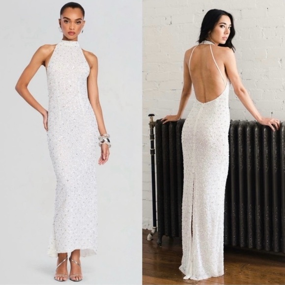 NWT RETROFETE Hand Stitched Crystal & Sequin Sleeveless Halter Open Back Gown L - Picture 1 of 16